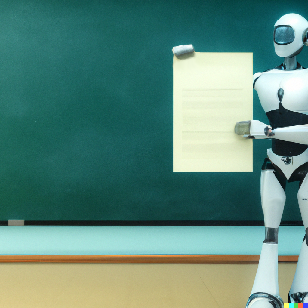 Robot showing paper to classroom of students