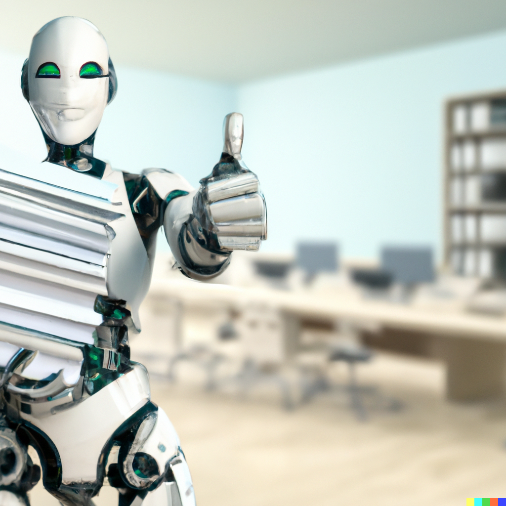 Robot with thumbs up holding a stack of reports