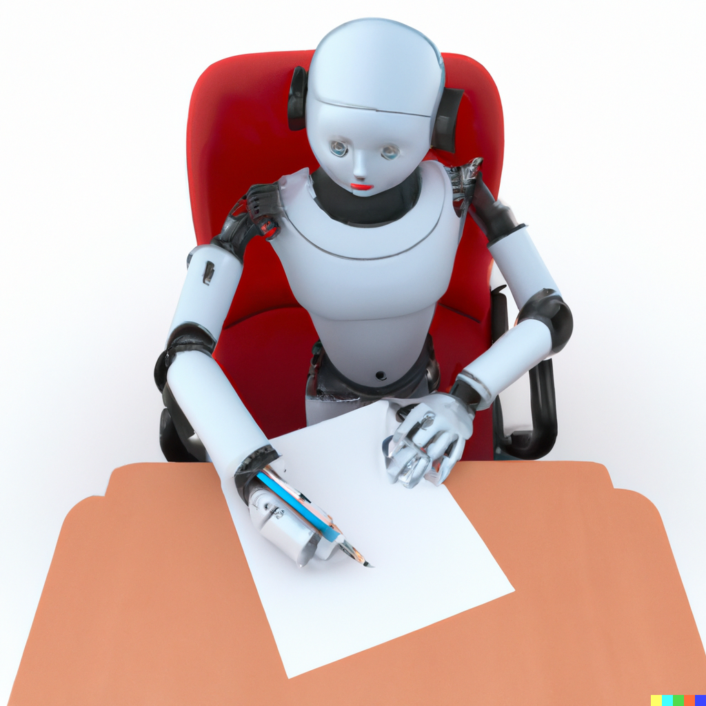 Robot writing at a desk