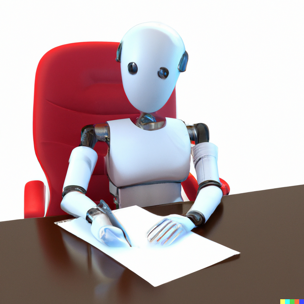 Robot writing at a desk